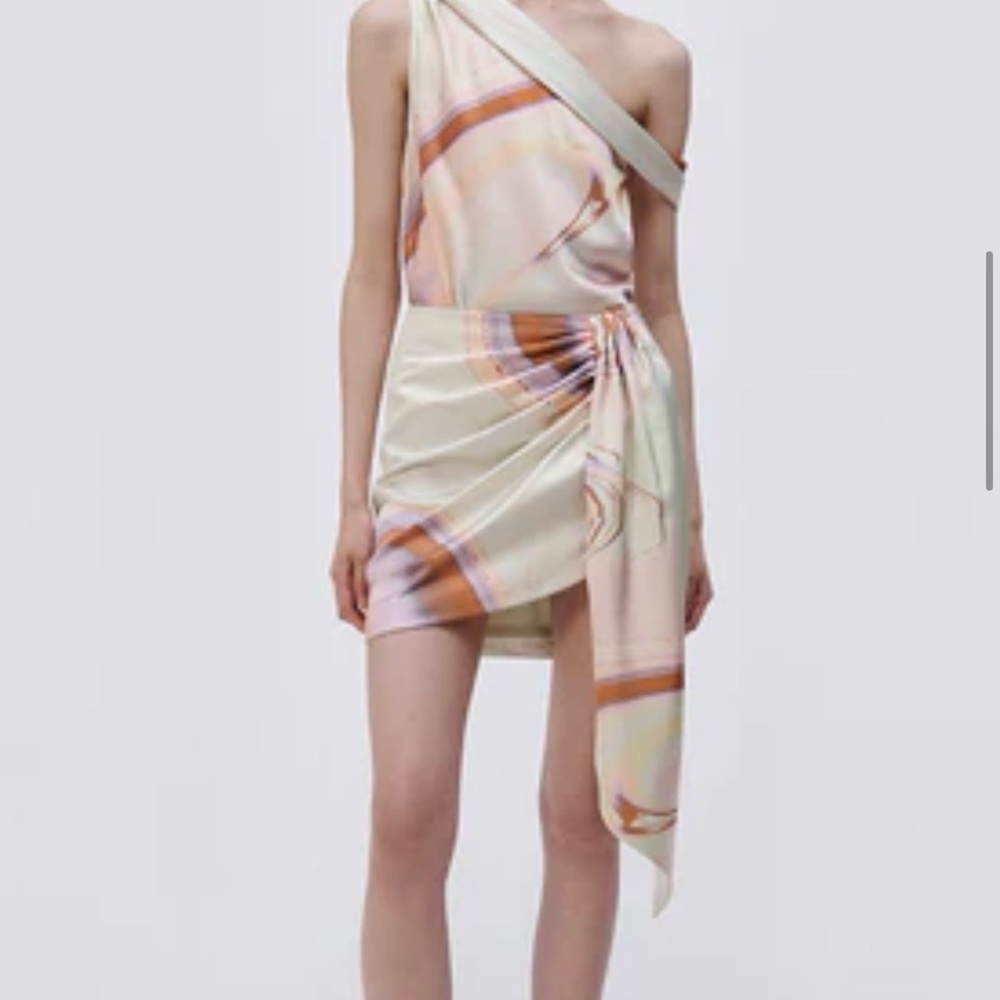 SIMKHAI Mae Draped Mini Skirt - SEAFOAM MARBLE PRINT / Size 2